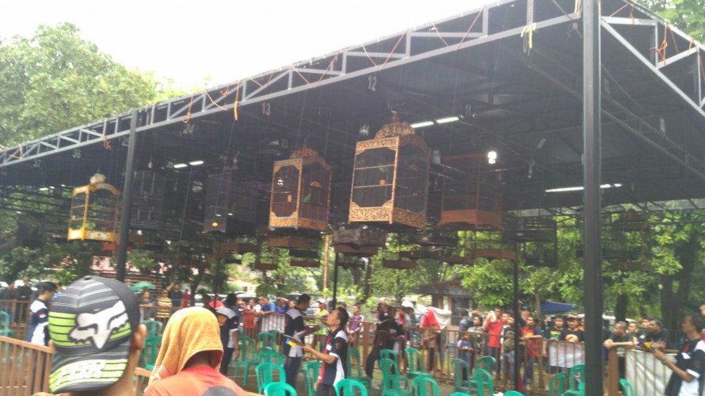  Para pengunjung dan peserta saat mengamati jalannya perlombaan burung berkicau di Museum Kretek, Minggu (23/10/2016).